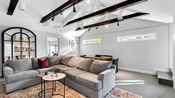 Smart TV, fireplace, books