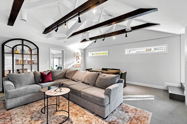 Smart TV, fireplace, books
