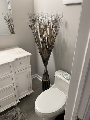 Sèche-cheveux, serviettes fournies, savon, papier toilette