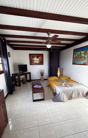 A room with a bed, a television, a ceiling fan, a painting, and a window. - VILLAS PAMEYAQUE / LA YAQUE with a pool and a magnificent view of the Caribbean Sea (Rivière-Salée)