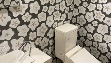 A bathroom with a toilet, sink, and a mirror.