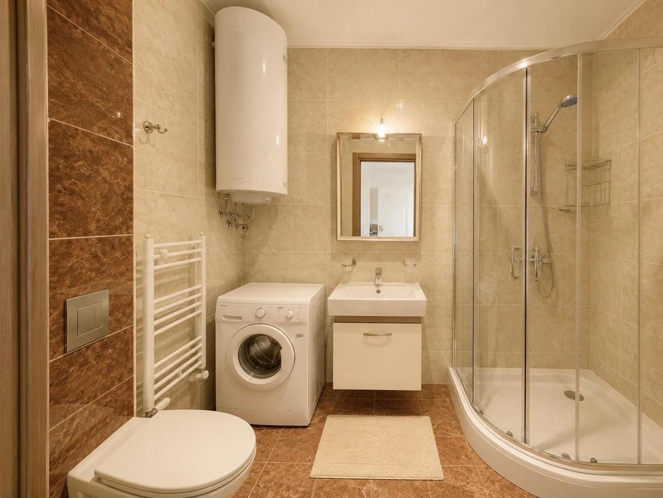 Un baño moderno con inodoro, lavadora, lavabo y ducha con mampara de vidrio.