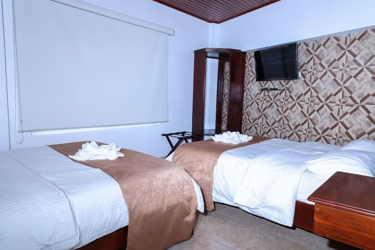 Habitación de hotel con dos camas, un ventanal grande, un espejo y un televisor en la pared.