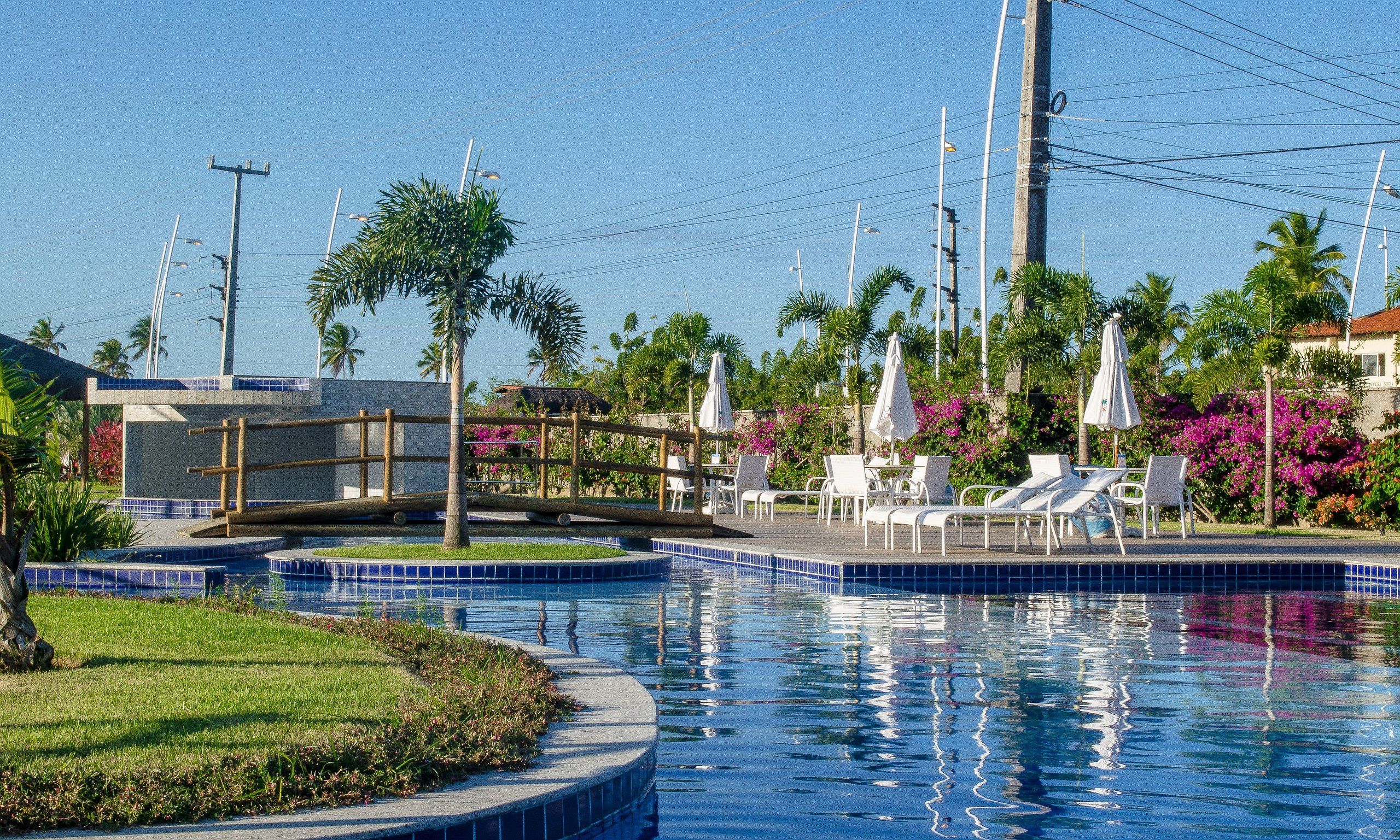 A swimming pool with lounge chairs and umbrellas, surrounded by palm trees and a tiled deck.