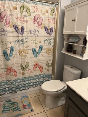 Hair dryer, towels, soap, shampoo