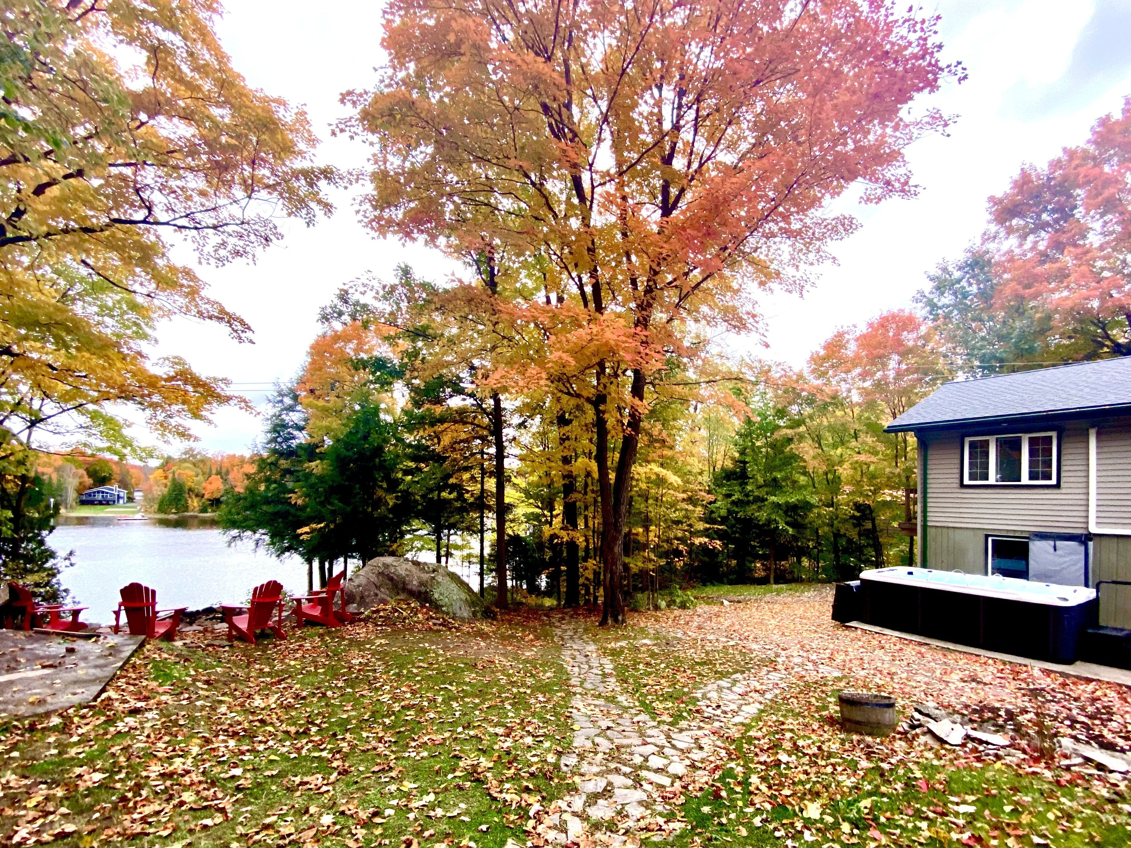 A lakeside cabin with a dock, surrounded by autumn foliage.