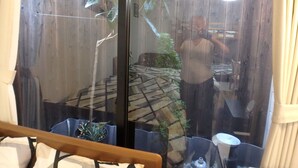 Une pièce avec un mur en bois, une porte en verre et une petite plante en pot.