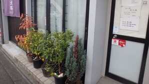 L’entrée d’un hôtel, avec une porte en verre, des plantes en pot et une banderole violette.