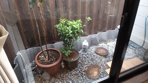 Une plante en pot, placée dans un coin, avec une clôture en bois et un petit espace jardin agrémenté de galets.