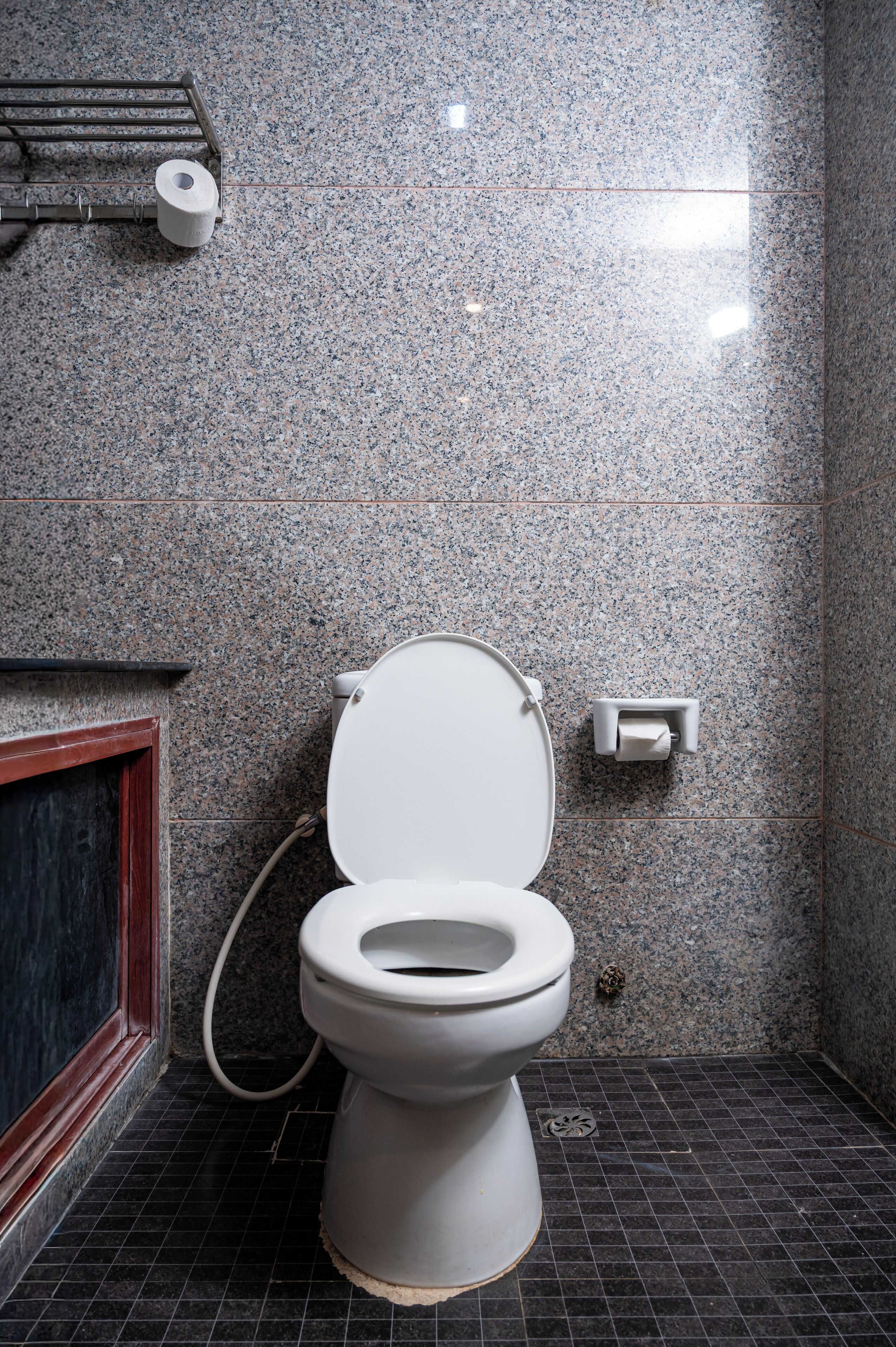 A bathroom with a white toilet, a paper towel dispenser, and a toilet paper roll on the wall.