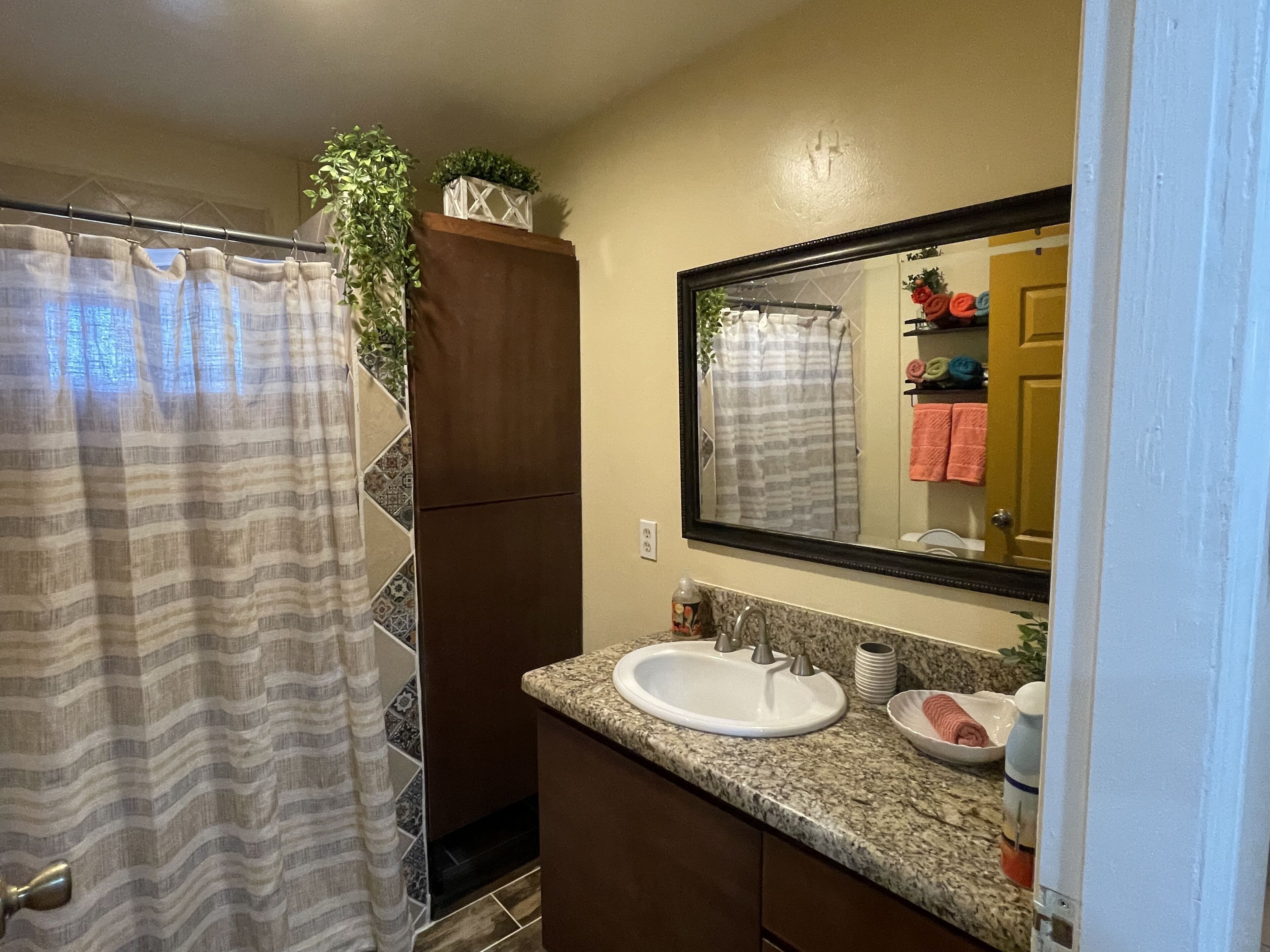 A bathroom with a shower curtain, a sink, a mirror, and a cabinet.