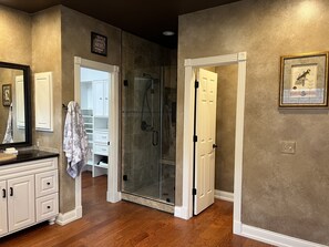 Shower, jetted tub, hair dryer, towels