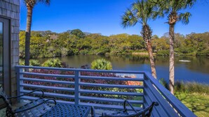 A balcony with a view of a lake, surrounded by palm trees and lush greenery.