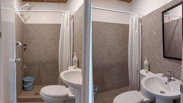 Family Cabin | Bathroom | Shower, rainfall showerhead, hair dryer, towels