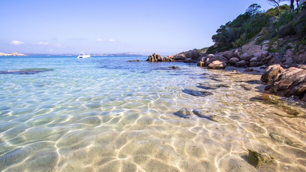 A clear beach with visible rocks and a boat in the water. - Residence Ea Bianca (Arzachena)