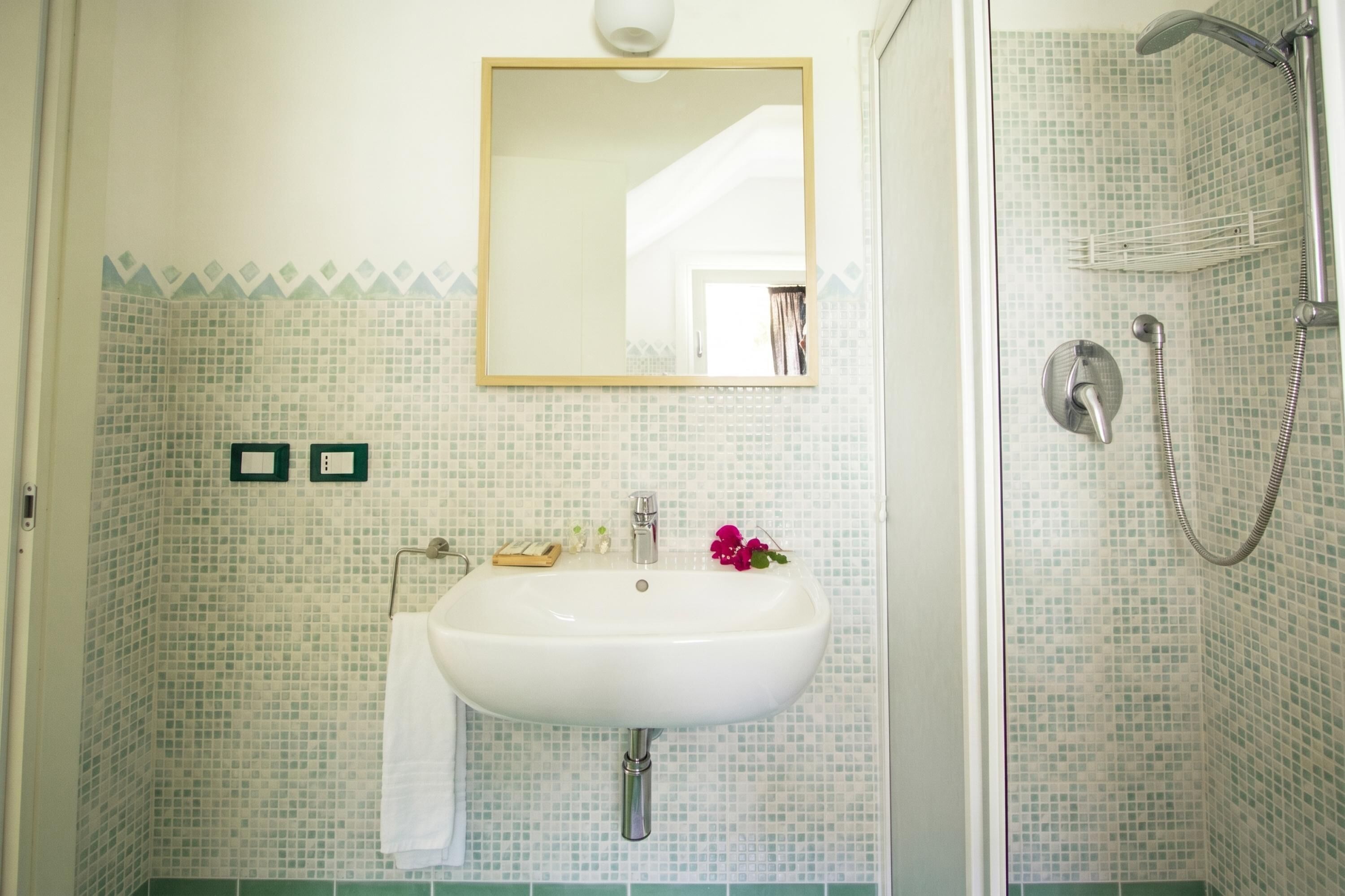A bathroom with a white sink, a mirror, and a shower.
