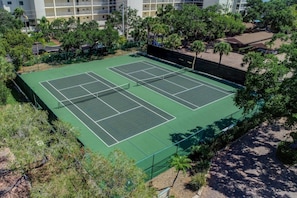 A tennis court surrounded by trees and buildings. - Intracoastal Views, Boat Dock, Beach Access, Pool (Sarasota)
