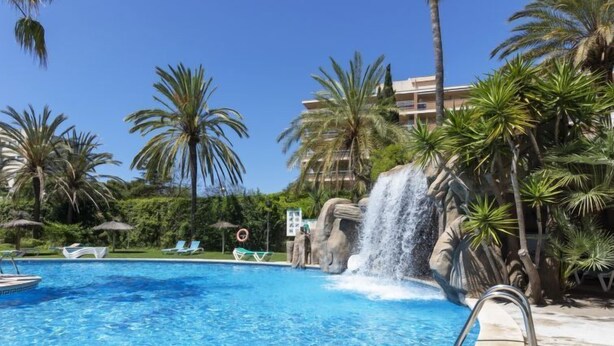 Una piscina con cascada, rodeada de palmeras y sillones de descanso.