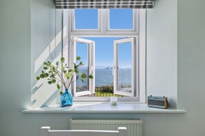 A window with a view of the sea, a blue vase with green leaves, and a small radio on the windowsill.