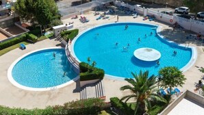 A large outdoor swimming pool with multiple lanes, surrounded by lounge chairs and palm trees. - Catalunya 92 by Interhome (Salou)