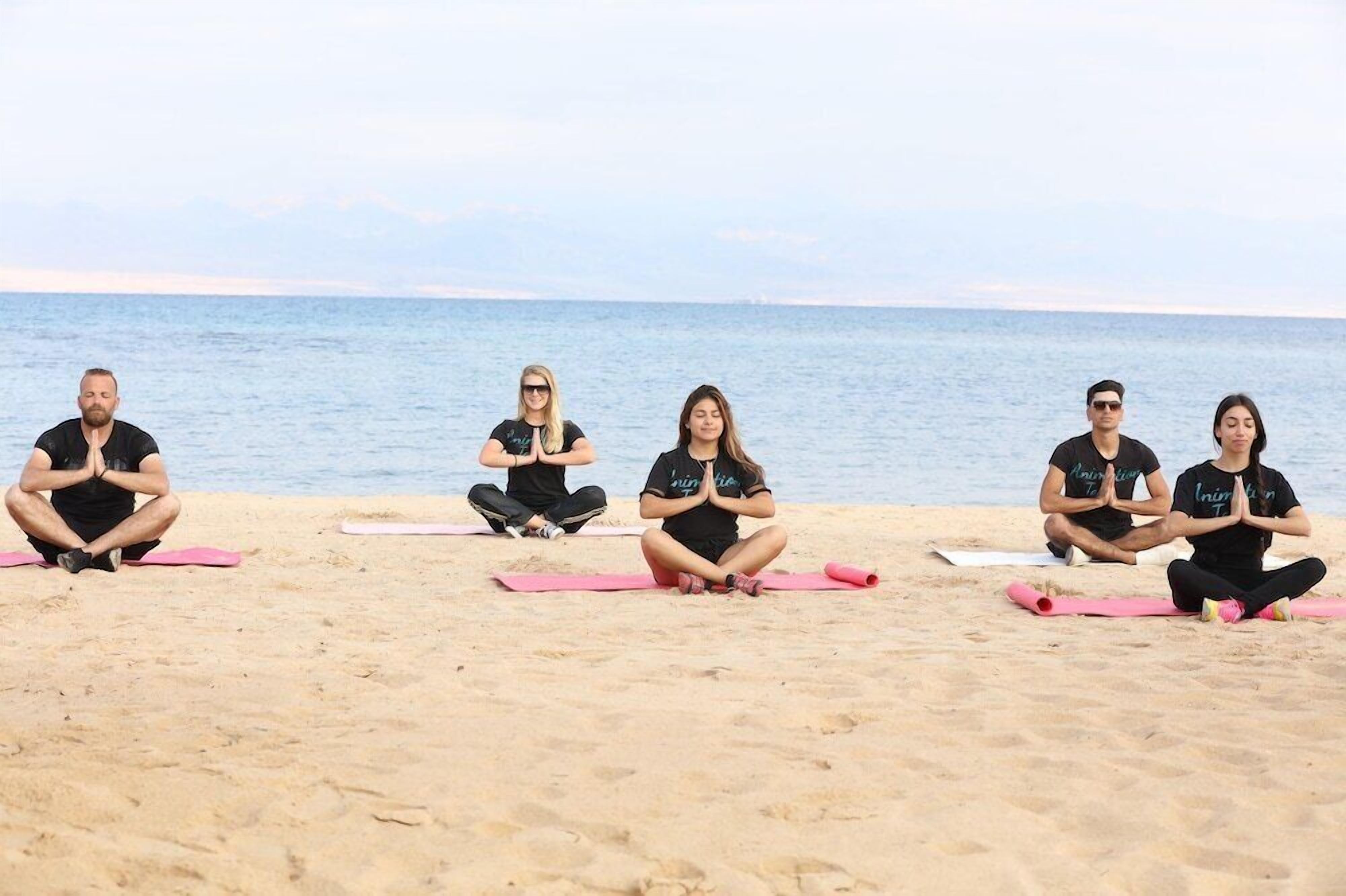 A group of people sitting in a row on yoga mats on a sandy beach with the ocean in the background.