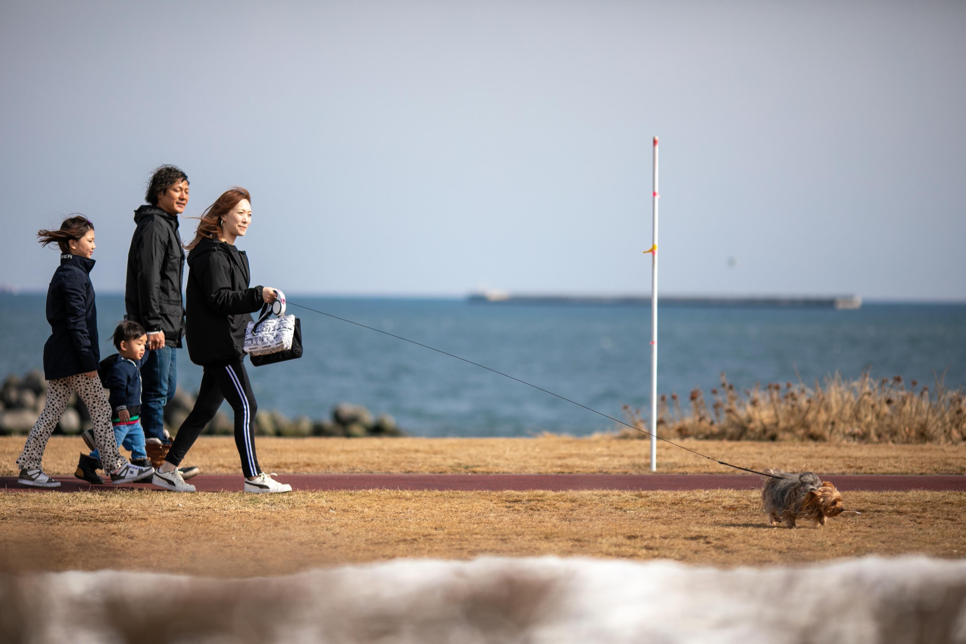 A family walking a dog on a path near a body of water.