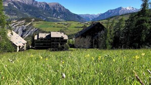 A mountainous landscape with a chalet-style building surrounded by lush green fields and distant snow-capped peaks. - Apartment in Le Sauze with unobstructed mountain views (Enchastrayes)