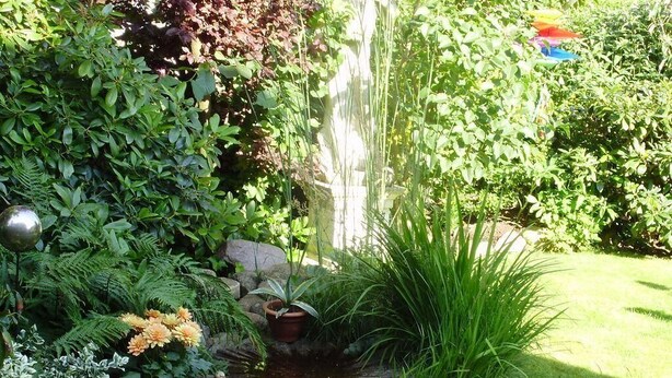 Un jardin agrémenté de diverses plantes et comprenant une structure en pierre.