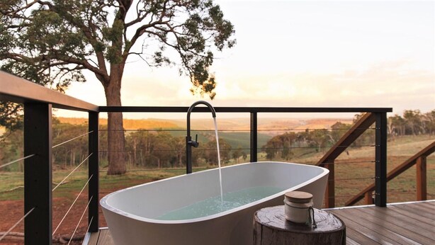 A freestanding bathtub on a wooden deck with a view of a rural landscape and a tree.