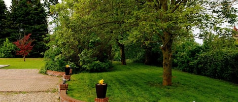 A landscaped garden with a brick wall, trees, and a gravel path.
