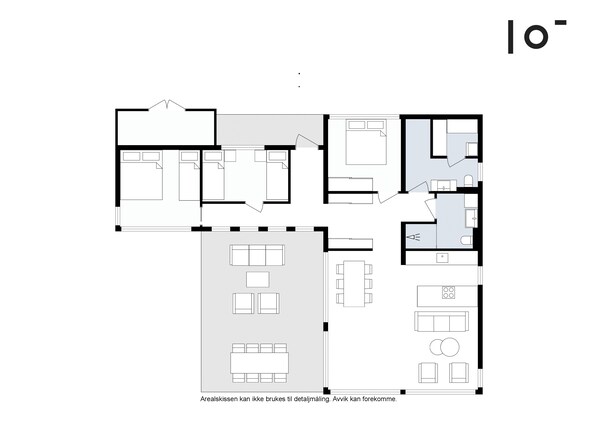 Un plan d’étage d’un hôtel comprenant plusieurs chambres, une cuisine et un espace repas.