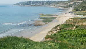 Une plage côtière avec un rivage sablonneux, des zones herbeuses et une ville située au loin.