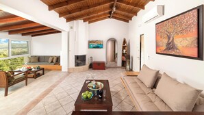A spacious living room with a wooden ceiling, a fireplace, a sofa, a coffee table with fruits and a bottle, and a large painting on the wall. - Villa Chrysallis (Apokoronas)