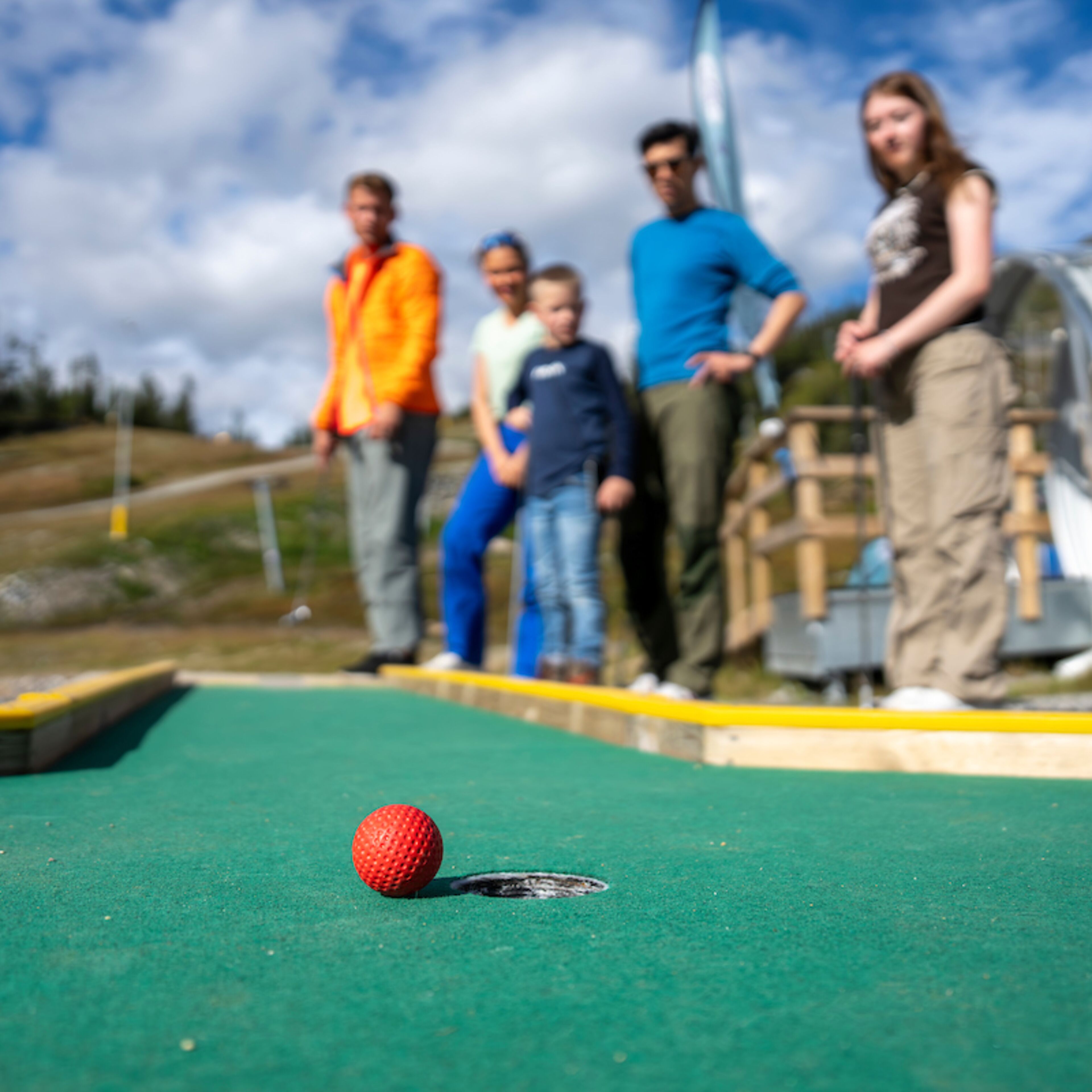 A green playing field with a red ball in the foreground.