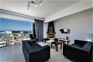 Smart TV, fireplace, books