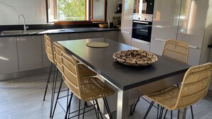 Cozinha moderna com ilha central, eletrodomésticos embutidos e uma grande janela.