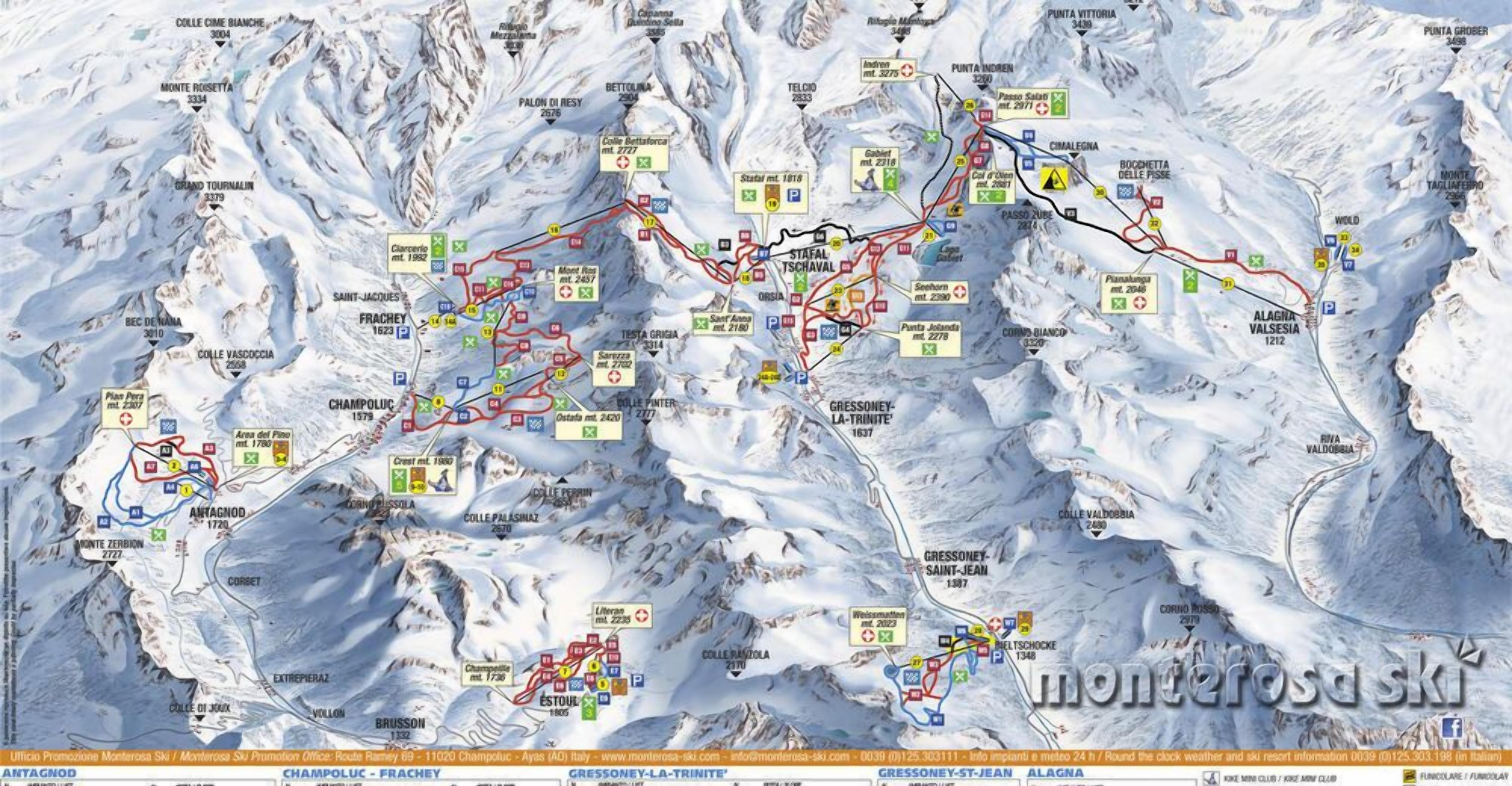 Mapa detalhado de uma estação de esqui, com pistas demarcadas, nomes de montanhas e pontos de altitude.