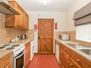 Fridge, electric kettle, toaster, cookware/dishes/utensils