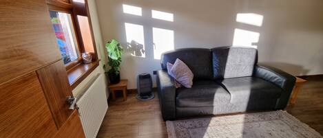 A living room with a black leather sofa, a wooden cabinet, a radiator, a small table with a plant, and a decorative item on the window sill.