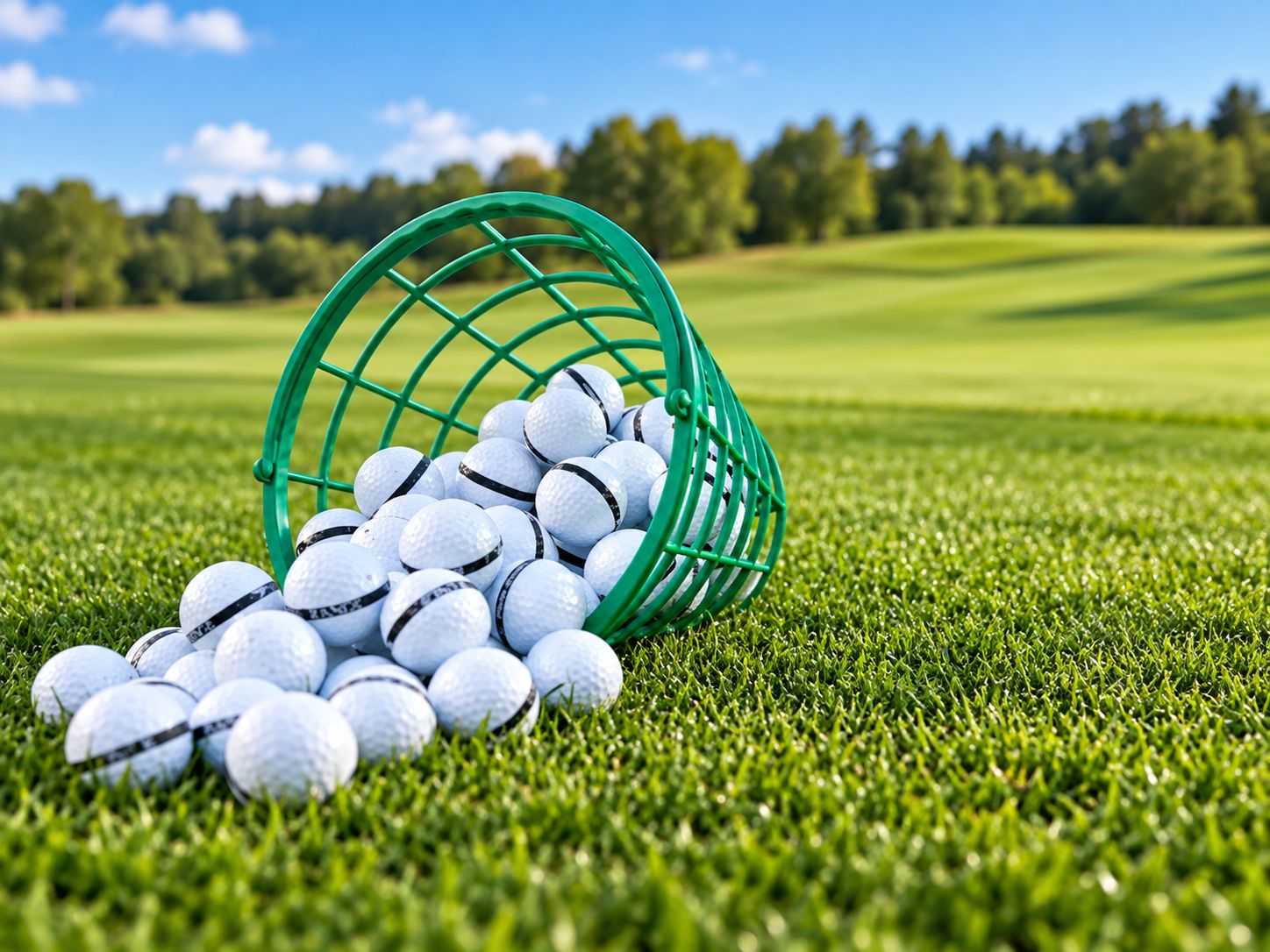Un panier de golf vert, rempli à ras bord de balles de golf, sur un terrain d’herbe parfaitement entretenu.