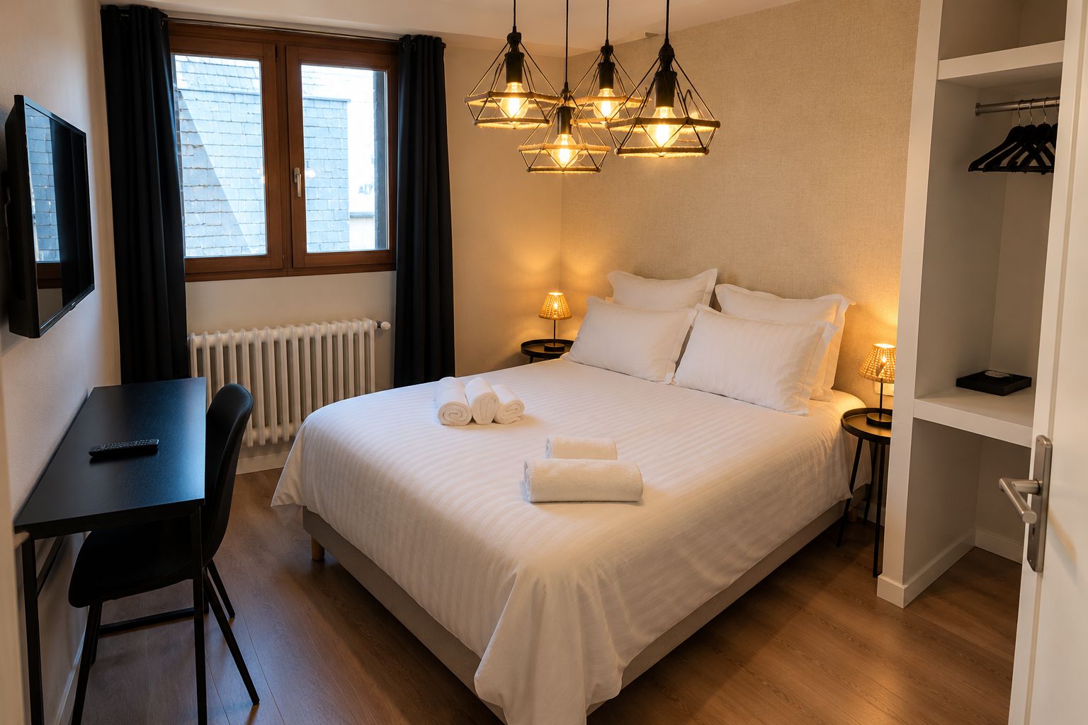Quarto de hotel com cama, escrivaninha, cadeira, radiador, janela com cortinas e luminária suspensa.