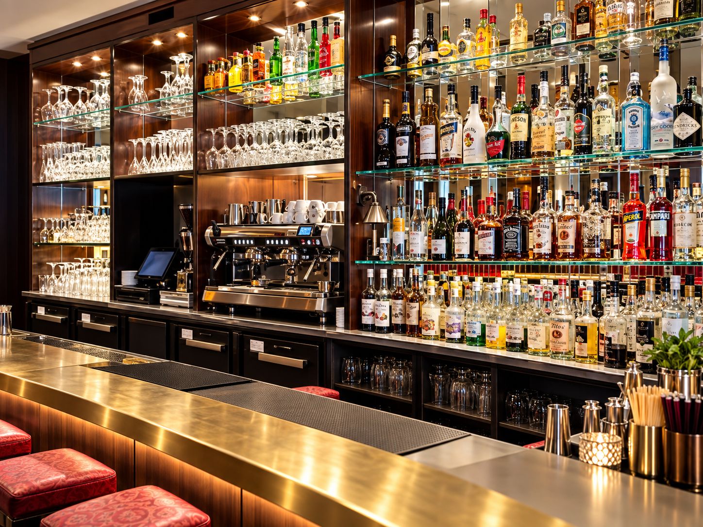 A bar area with a coffee machine, shelves of liquor bottles, and glassware.