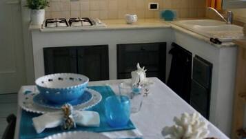 Een koelkast, een oven, een kookplaat, een koffiezetapparaat/waterkoker