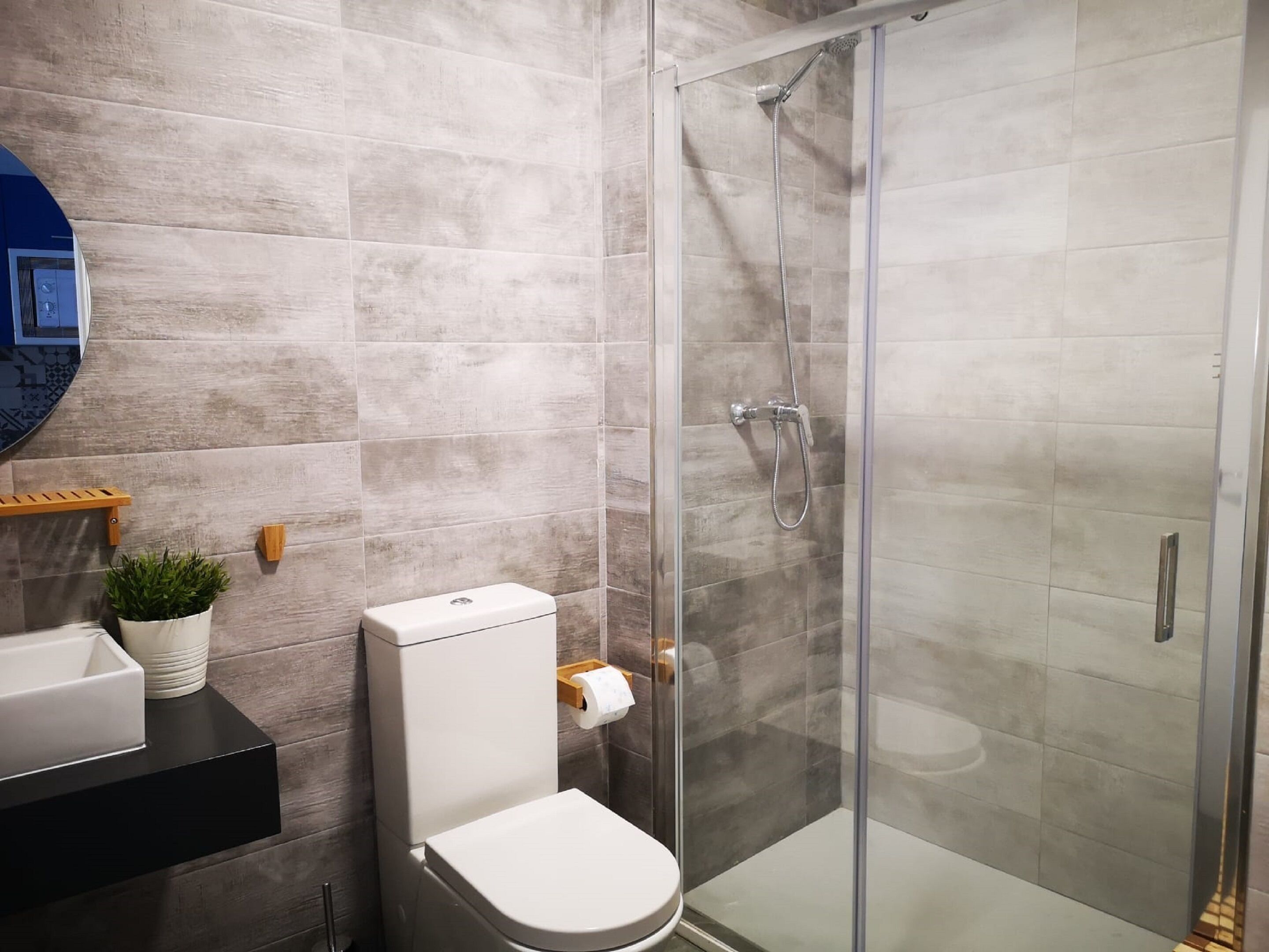 A modern bathroom with a glass-enclosed shower, a toilet, and a sink with a small plant.