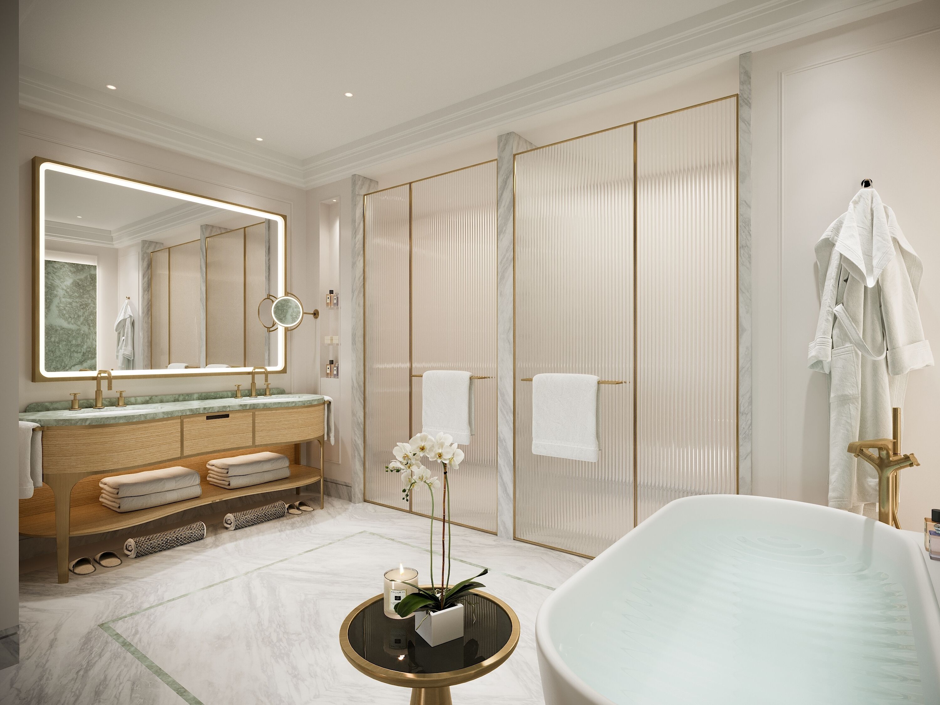 A modern bathroom with a marble vanity, a large mirror, a freestanding bathtub, and a walk-in closet.