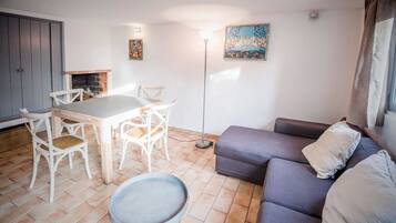 TV connectée, cheminée, lecteur de DVD, table de tennis de table