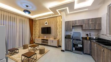 Full-sized fridge, microwave, oven, blender