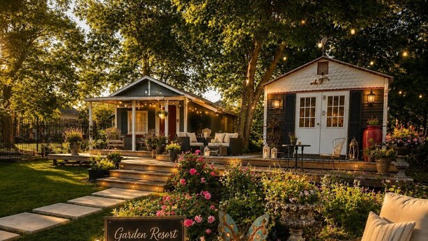 Ein Gartenresort mit Gazebo, einem kleinen Häuschen und einem Schild, das es als Ort der Erholung kennzeichnet.