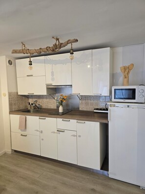 Jääkaappi, mikroaaltouuni, liesi, kahvin-/teenkeitin