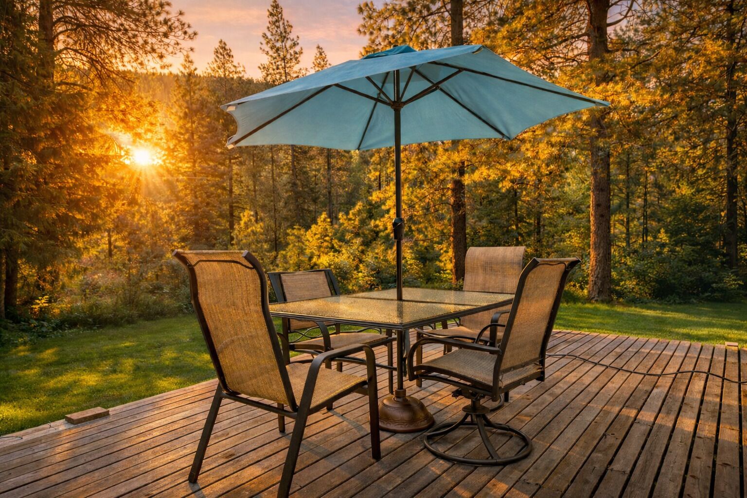 A deck with a glass-top table and four chairs, surrounded by a wooden deck and a forested area.
